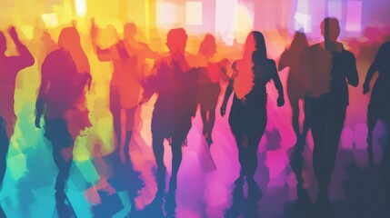 A vibrant silhouette of dancers in motion, surrounded by a colorful, abstract background