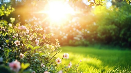 Obraz premium Sunlight illuminating blooming shrubs in vibrant garden setting with lush green grass and soft flares of natural light