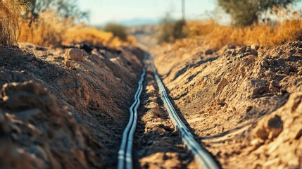 Fiber optic cable installation in a cable trench surrounded by dry earth and sparse vegetation in a rural area.