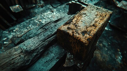 Close up of a weathered wooden board with rusted metal elements creating a textured scene of vintage decay and natural grunge aesthetic