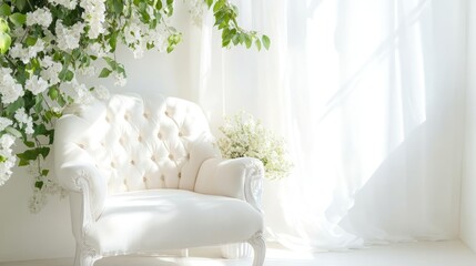 Bright white armchair in airy lounge with floral arrangement and natural light streaming through sheer curtains
