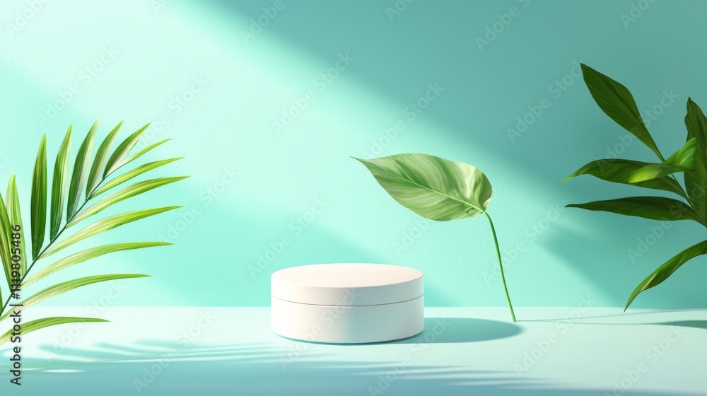 Poster minimalist product display with leaves and shadows on teal background