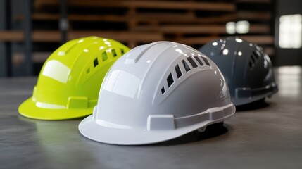 Close-up view of brightly colored safety helmets (yellow, white, gray) laid on a concrete surface in a construction site environment, emphasizing construction safety, industrial work, PPE.