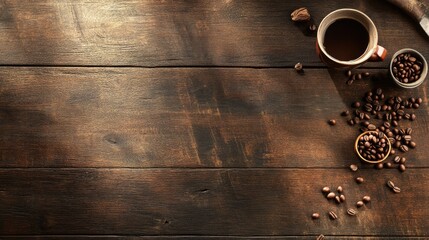 Coffee cup with scattered beans on rustic kitchen table top view with ample copyspace for personalization or promotional text