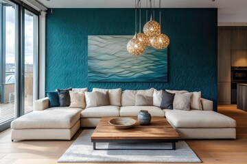 Modern living room teal textured wall L shaped sectional sofa