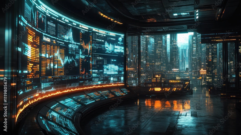 Poster futuristic control room with curved screens displaying data and city view.