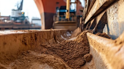 Fototapeta premium Close up view of sand and mud being loaded into a ship's hopper at a busy port illustrating marine cargo operations