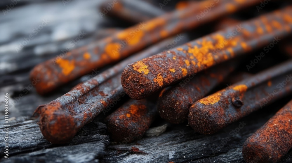 Aufkleber rusty nails piled on weathered wood with a focus on texture and aging, emphasizing wear and decay in