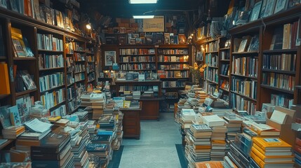 Fototapeta premium A well-stocked bookstore with shelves full of books and stacks of books on the floor.