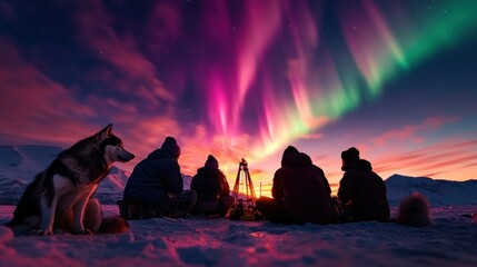 Fototapeta premium A captivating scene of stargazers witnessing the mesmerizing Northern Lights, symbolizing wonder, connection, and the beauty of nature's light display against the dark sky.