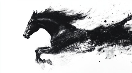 A stunning black horse galloping forward, captured in an artistic blend of ink and splashes, conveying speed and grace.