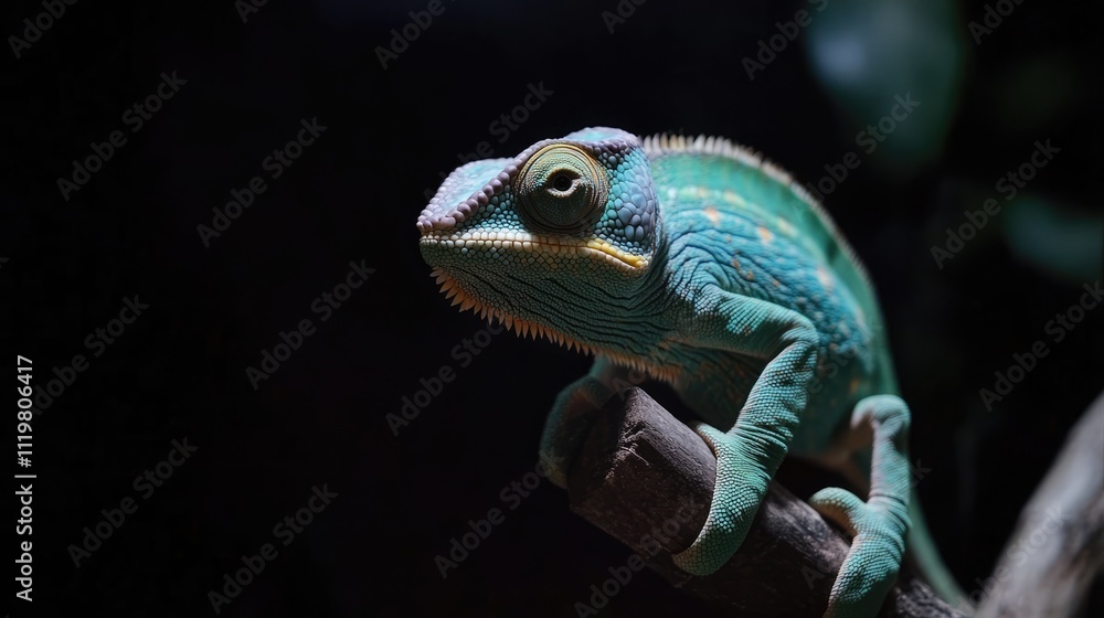 Poster vibrant chameleon resting on a branch against a dark background showcasing its unique colors and tex