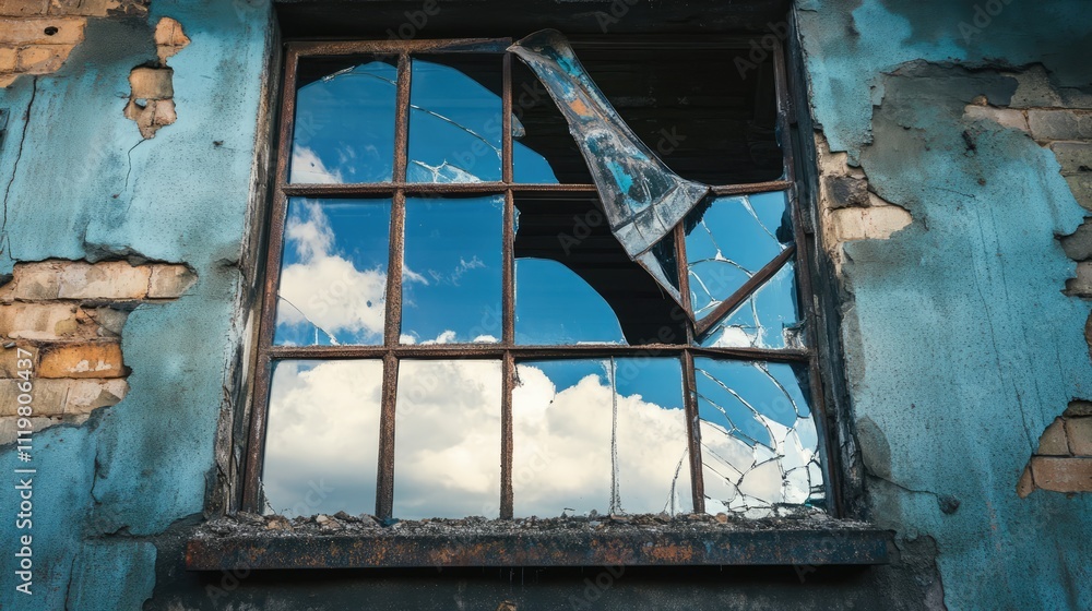 Poster abandoned building with broken window and reflections of cloudy sky
