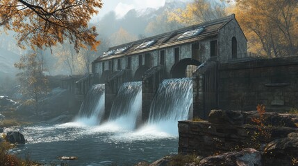 Hydroelectric power station dam with flowing water and autumn foliage, featuring a stone structure and cascading waterfalls, nature, infrastructure, energy, landscape.