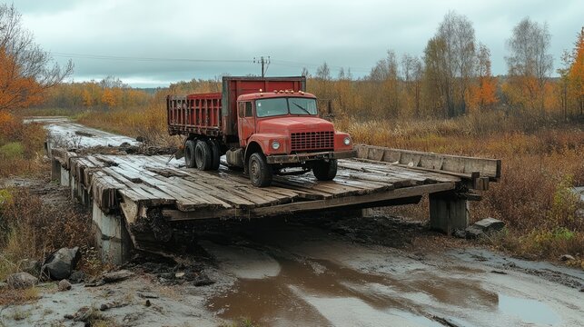 Temporary bridge failure under heavy truck load highlighting structural damage and safety concerns in rural landscape.