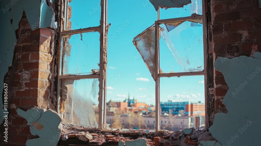 Poster decayed broken window frame with urban view in abandoned building interior