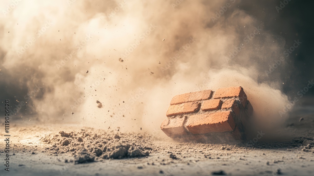 Poster dusty broken brick pieces on a cement floor creating a textured background with ample copy space for