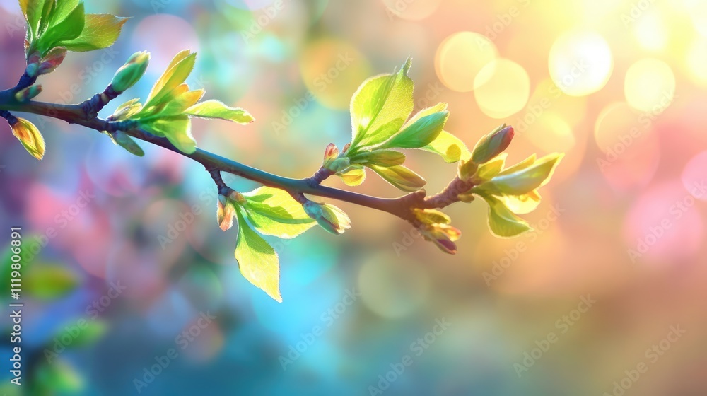 Poster close up of elm branch with young leaves and buds against a vibrant bokeh background capturing the e