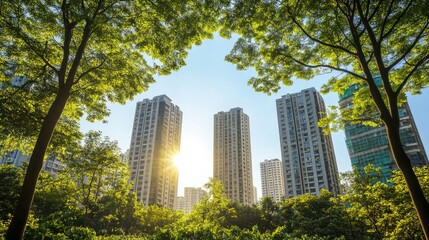 Obraz premium Modern apartment buildings amidst lush greenery in a sustainable urban landscape ideal for families in a vibrant city setting.