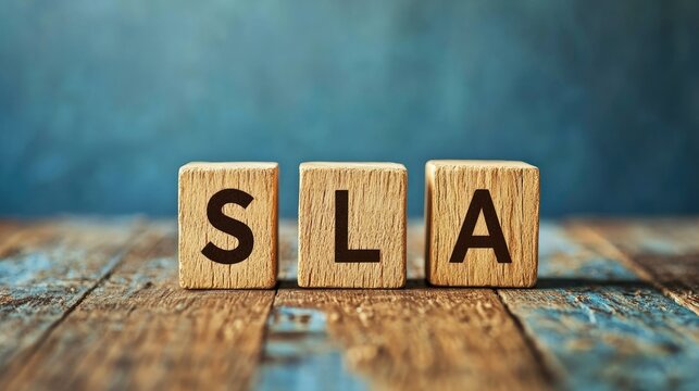 SLA service level agreement concept with wooden blocks on a blue background suitable for business and corporate use