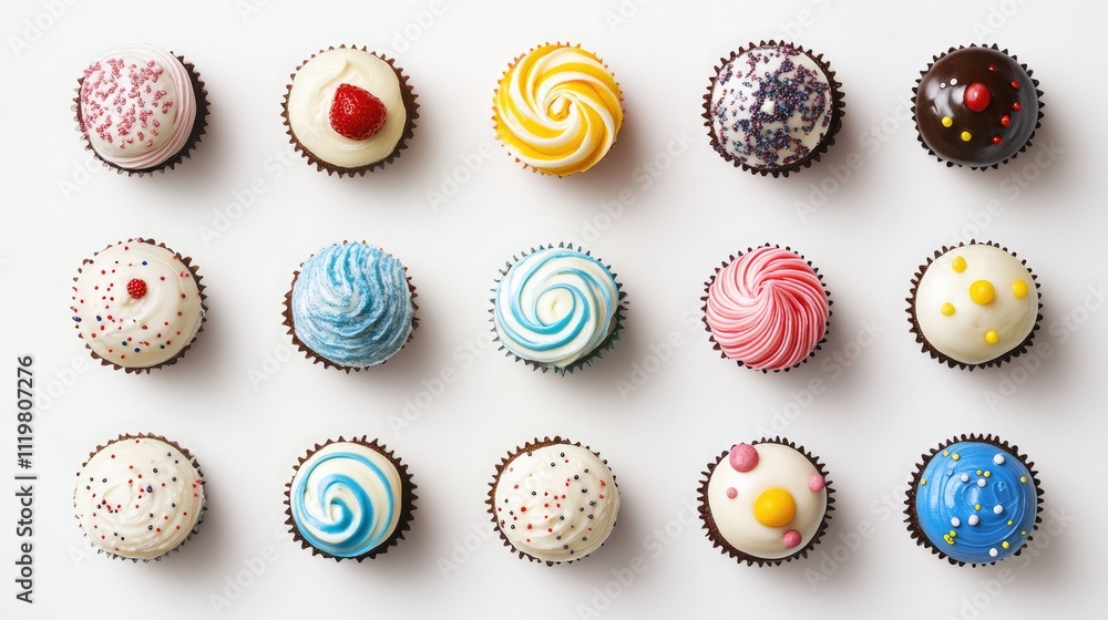 Poster assorted vibrant cupcakes with various colorful frostings displayed on a clean white background perf