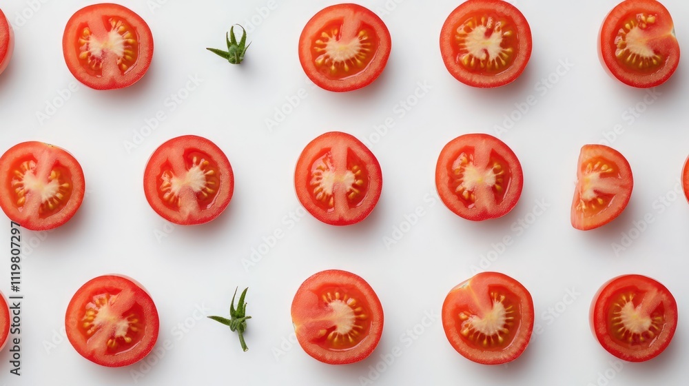 Aufkleber sliced tomatoes arranged in a neat pattern on a white background showcasing fresh produce and health