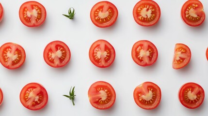 Fototapeta premium Sliced tomatoes arranged in a neat pattern on a white background showcasing fresh produce and healthy eating concepts.