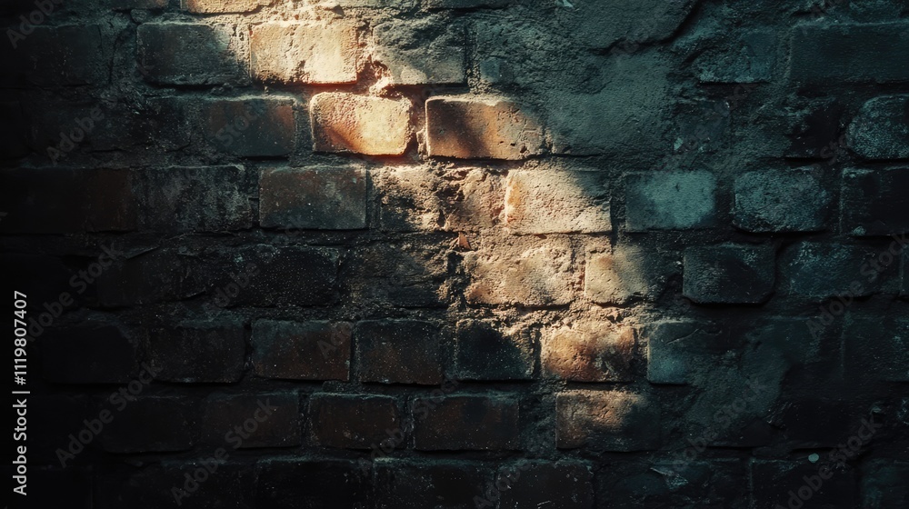 Poster weathered brick wall texture illuminated by sunlight creating intricate patterns and shadows in a ru
