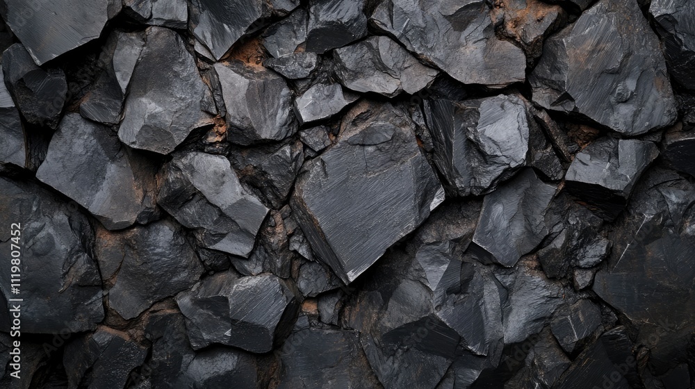 Poster rough unfinished black rock texture close-up, featuring irregular shapes and surfaces that create a 