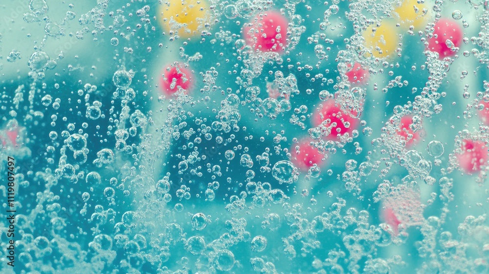 Poster abstract macro view of soap bubbles depicting cell structures in a vibrant blue background highlight