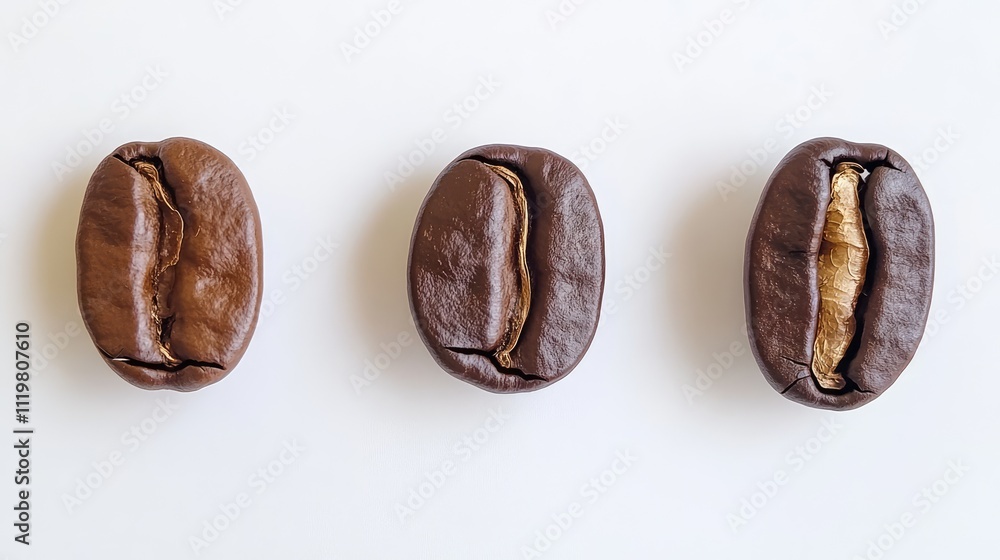 Poster close up of three distinct coffee beans arranged on a clean white background showcasing their unique