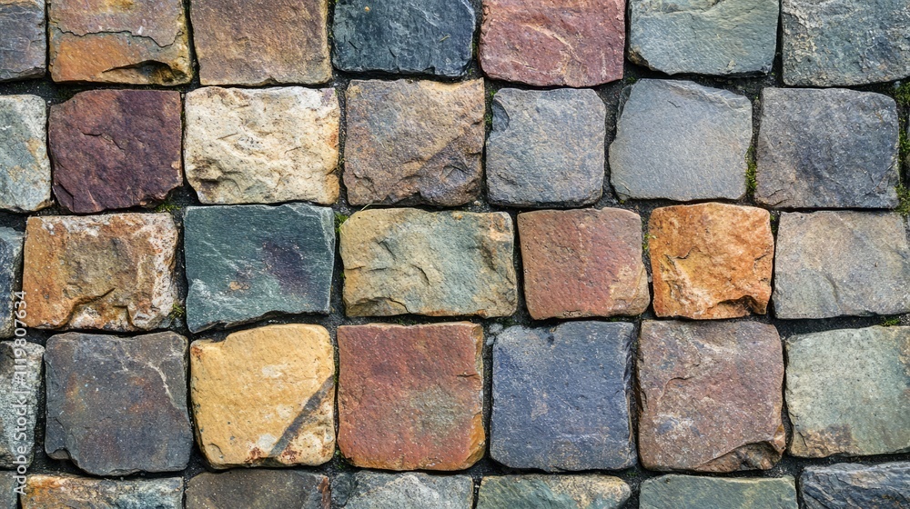 Aufkleber closeup of colorful textured stones in a decorative pattern for background or architectural use