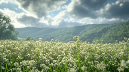 Chia flowers in full bloom across expansive green fields under a dramatic cloudy sky showcasing natural beauty and agricultural richness