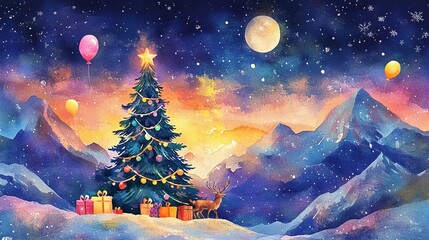 Watercolor painting of a Christmas tree in the mountains, with gifts and deer under the moonlight among snow-covered pine trees. The scene features a starry sky, bright sun rays.