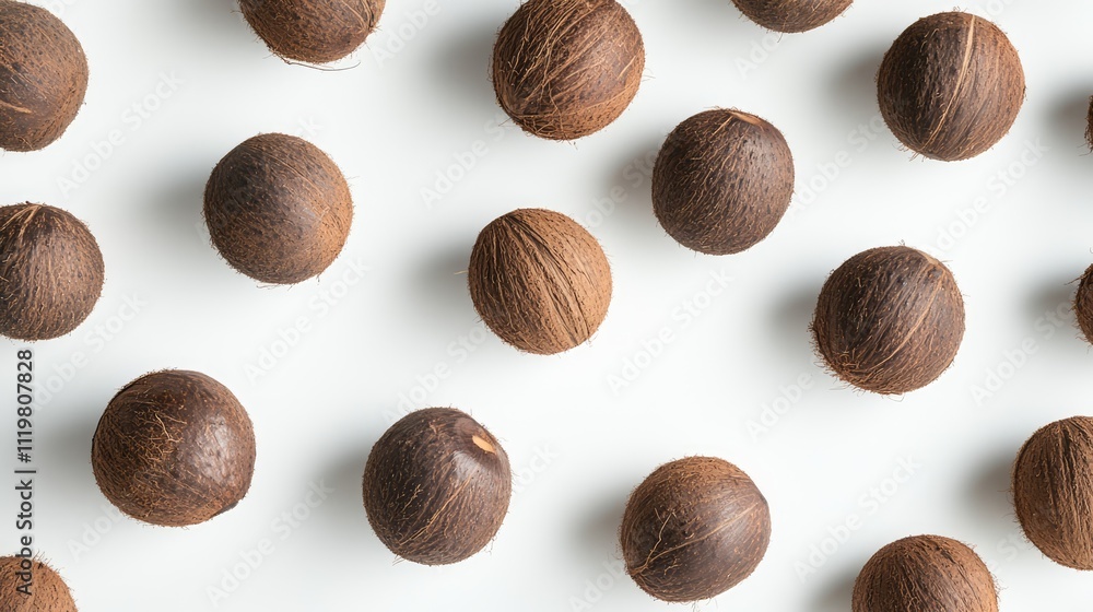 Poster brown coconuts arranged neatly on a clean white background highlighting their texture and unique sha