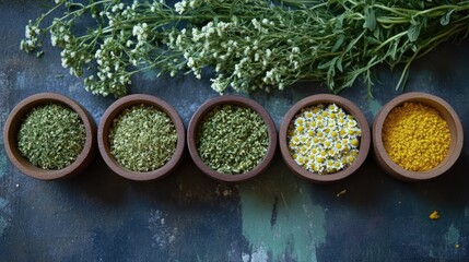Medicinal chamomile plant with dried herbs and flowers in clay bowls showcasing diverse applications in traditional medicine and easy cultivation