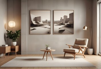 Minimalist Boho Living Room with Mock-Up Poster Frame – 3D Design