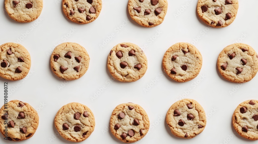 Poster chocolate chip cookies arranged in a neat pattern on a clean white background showcasing delicious s
