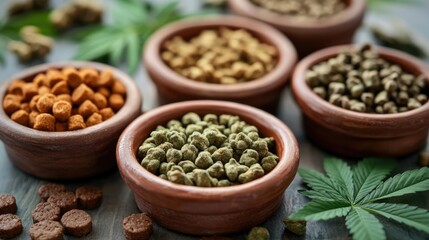 Obraz premium CBD Infused Pet Treats in Dishes with Hemp Leaves Natural Delicacies for Dogs and Cats Healthy Snacks for Pets with Medical Benefits