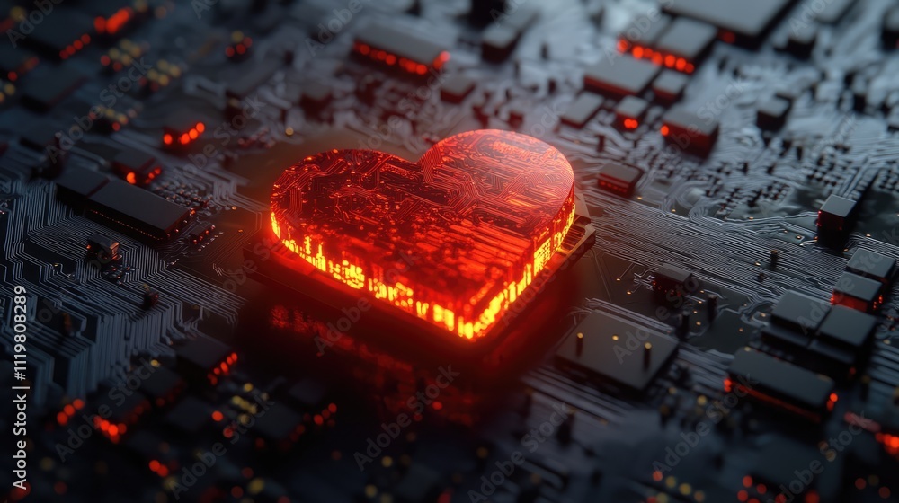 Aufkleber close-up of a glowing heart-shaped cpu microchip on a dark mainboard with intricate electronic circu