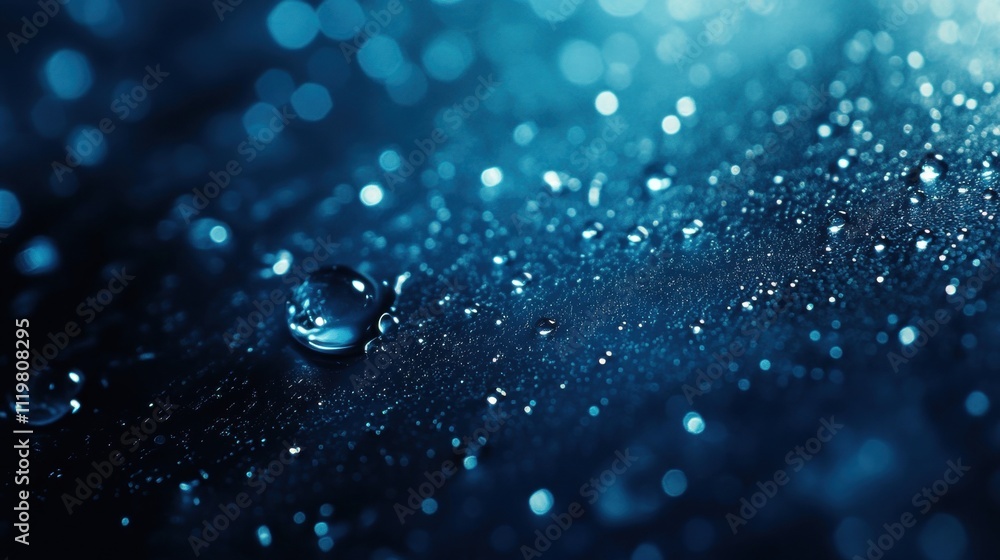 Poster close-up of shimmering water droplets on a dark surface, creating a tranquil and serene atmosphere.