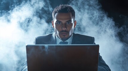 Businessman in suit engaged in cloud computing login under dramatic lighting and smoke representing cloud security technology and innovation