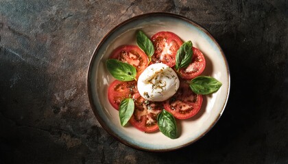 Close up top view of Caprese salad with tomatoes mozzarella burrata and basil on a dark background 