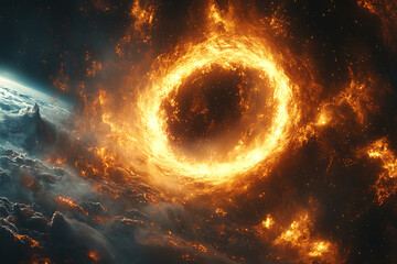 Fototapeta premium Black hole over star field in outer space, abstract space wallpaper with form of letter O and sparks of light with copy space