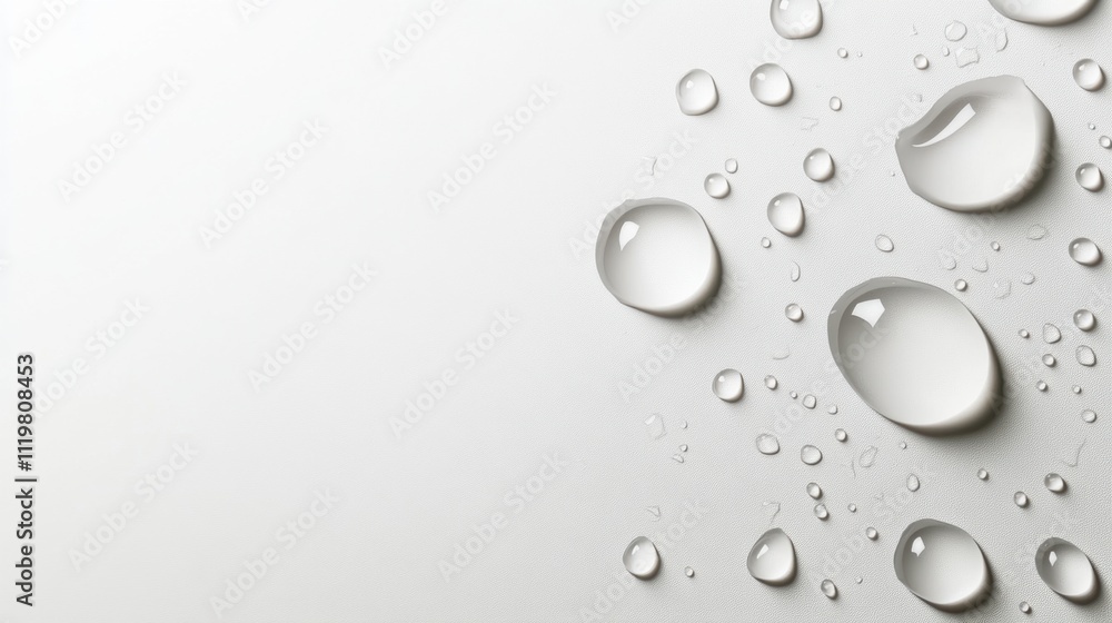 Poster close-up of water droplets on a smooth white surface, creating a serene and refreshing atmosphere.