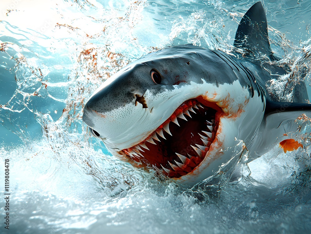 Poster a realistic depiction of a shark emerging from water, showcasing its sharp teeth and fierce expressi