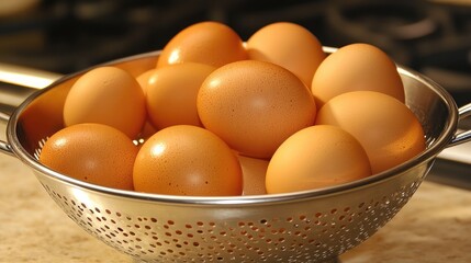Fresh brown eggs resting in a stainless steel colander on a kitchen countertop ready for cooking or baking preparations.