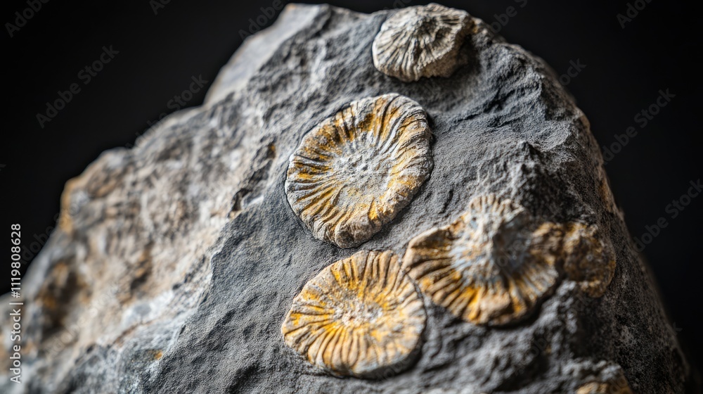 Poster closeup view of fossil-encrusted rock showcasing intricate patterns and textures against a dark back