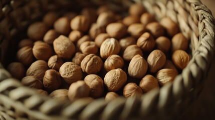 Brown hazelnuts in a woven basket showcasing healthy organic snacks rich in protein ideal for vegetarian nutrition and macro food ingredients.