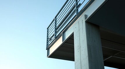 Closeup view of concrete bridge pillar with metallic railing against a clear blue sky showcasing modern architectural design and construction.